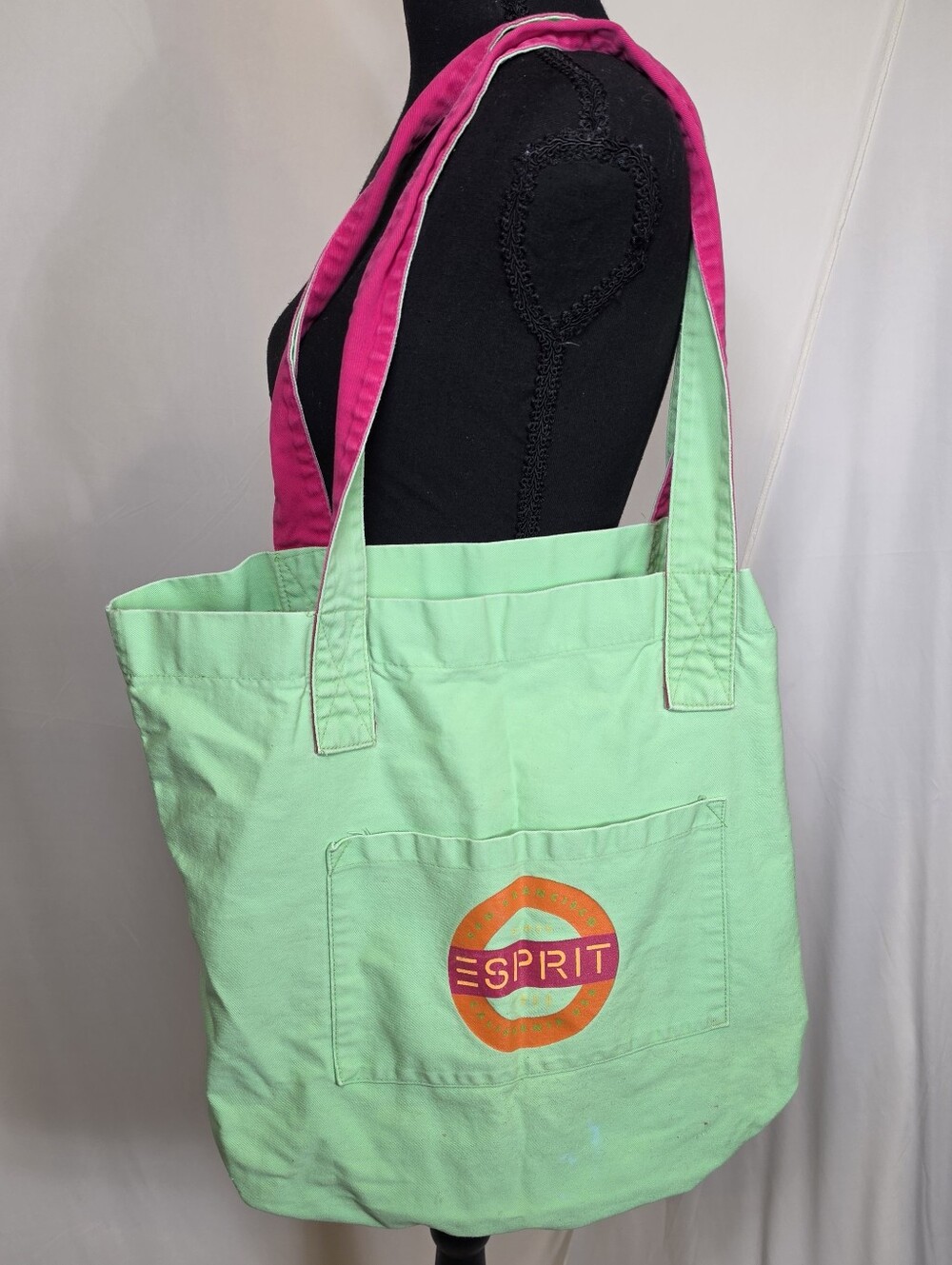 VTG 90s Esprit Canvas Tote Bag Lime Green Pink Orange Logo Large School Beach
